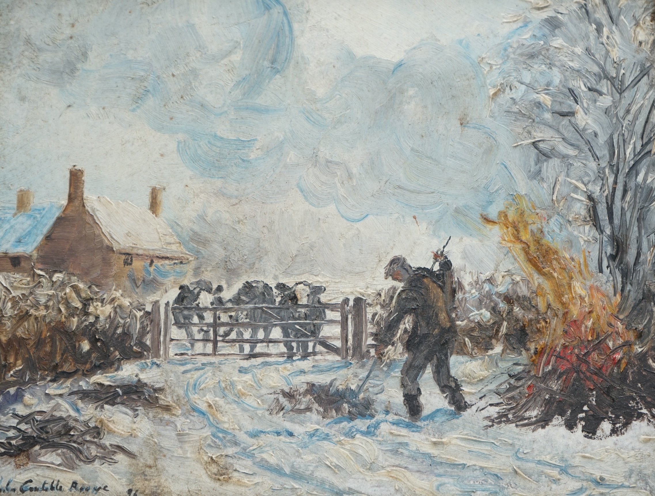 Impasto oil on board, Winter scene with bonfire, indistinctly signed John Con…? and dated '96, 18.5 x 24cm. Condition - fair, would benefit from a clean
